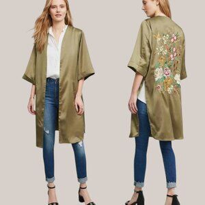 Anthropologie Floreat Kimono Embroidered Floral Green Satin One Size Open Front